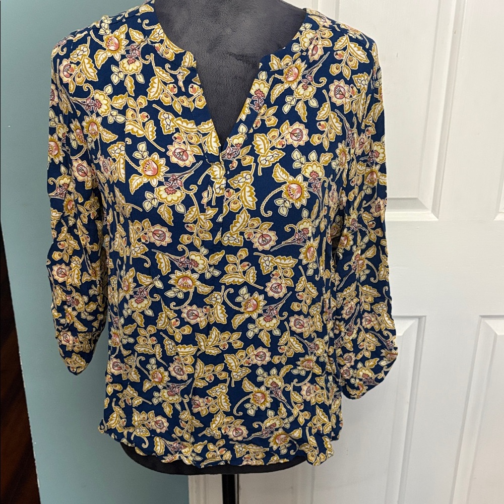 Daniel Rainn Navy Blouse with Yellow Florals
